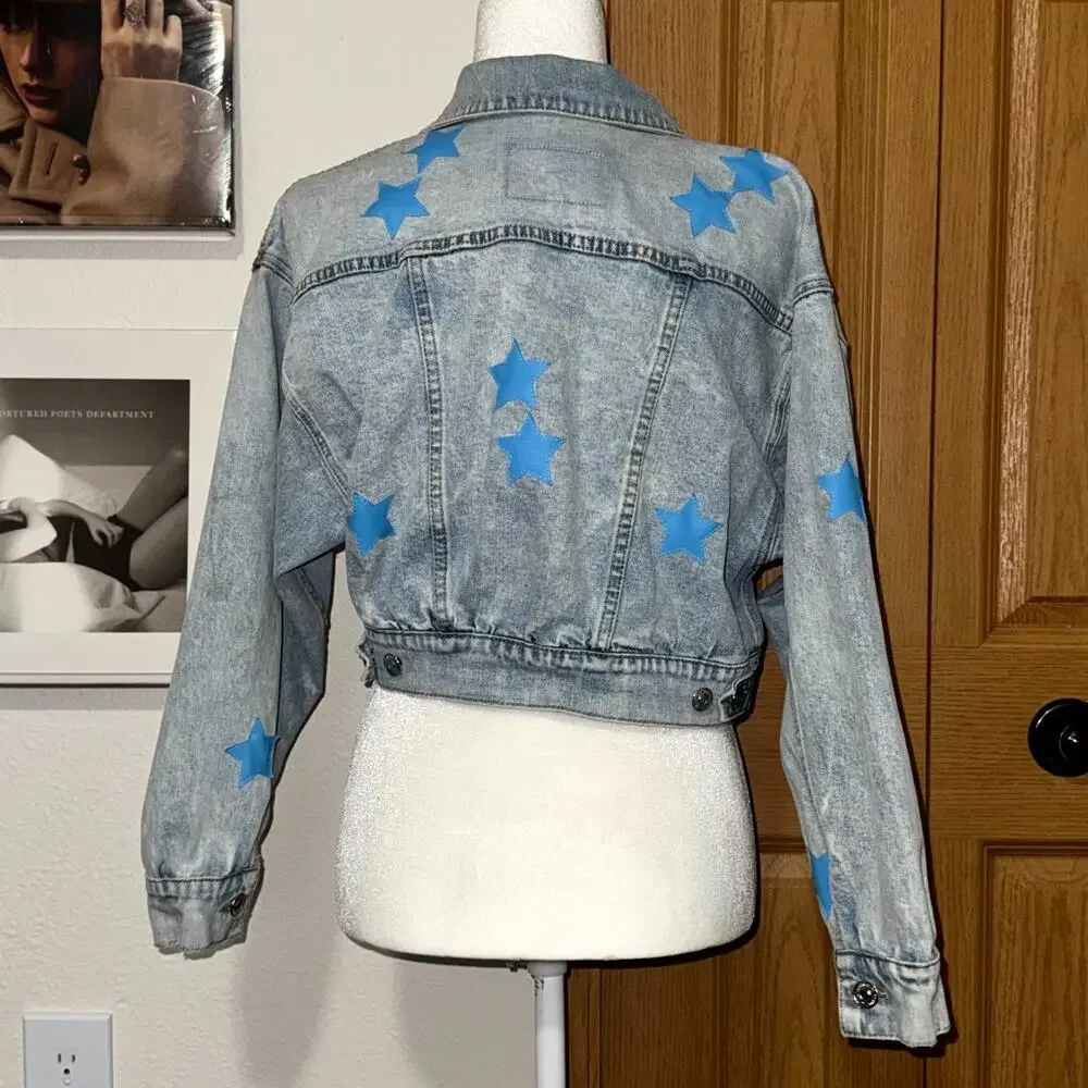Juicy Couture Denim Jacket Girl's Large Blue Star Stretch Cropped Button Front‎